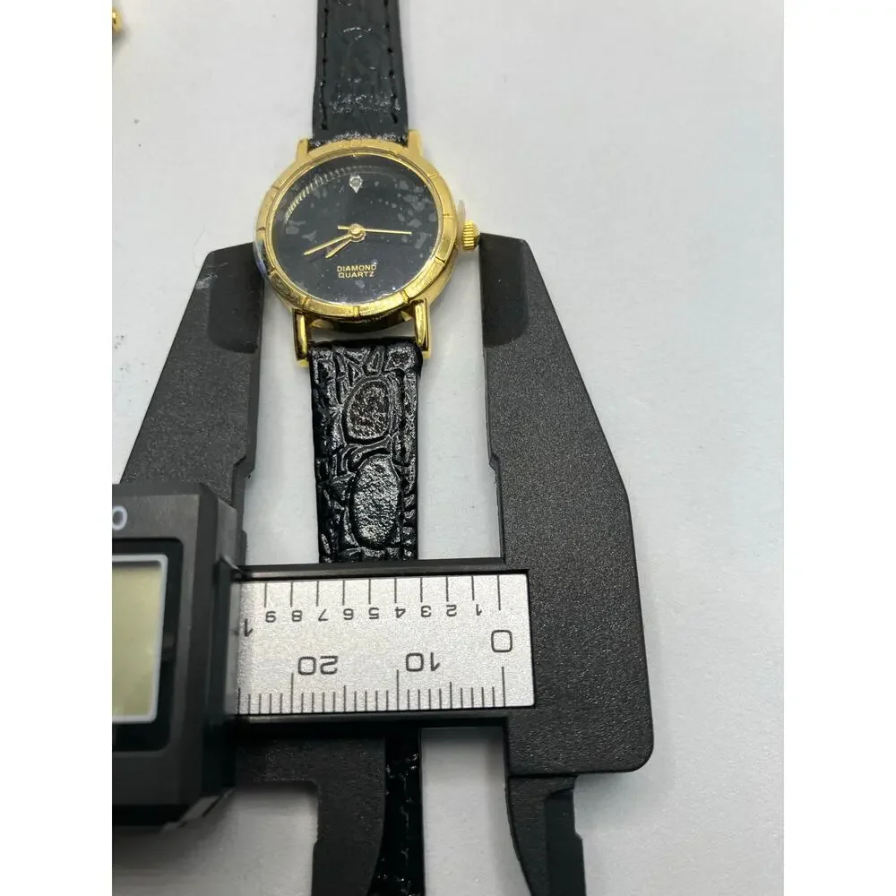 Women's Watch Lot‎ of (2) Gold Tone BLACK LEATHER Gruen Diamon Analog